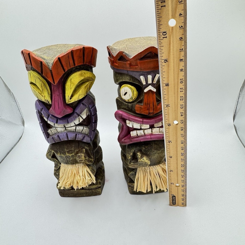Set of 2 Carved Wooden Tiki Figures Polynesian Island Decor 10" - Picture 5 of 8